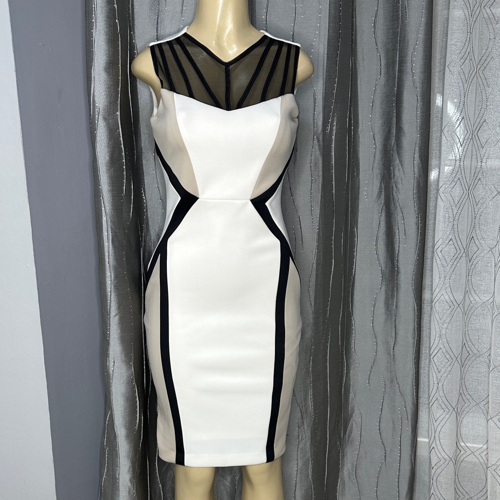 Calvin Klein Black/White/Tan Midi Dress Sz 2